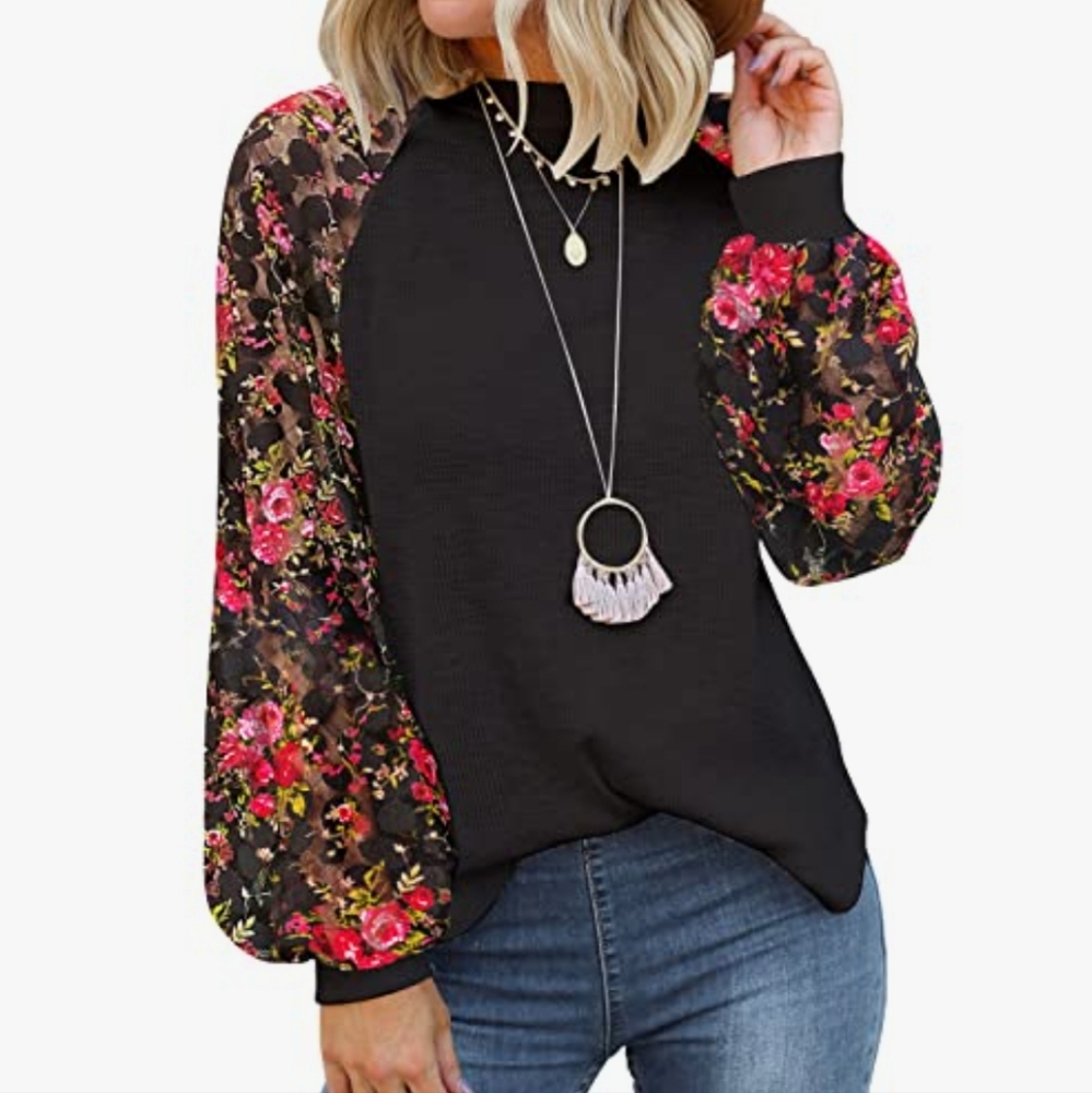 Miholl Waffle Knit top with lace sleeves